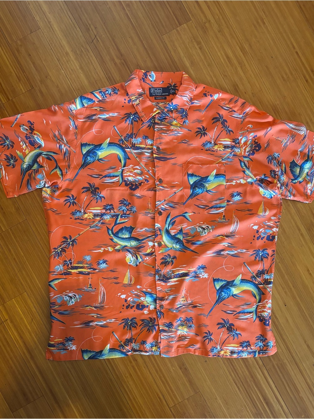 Ralph Lauren Orange Tropical Marlin Print Camp Shirt XL
